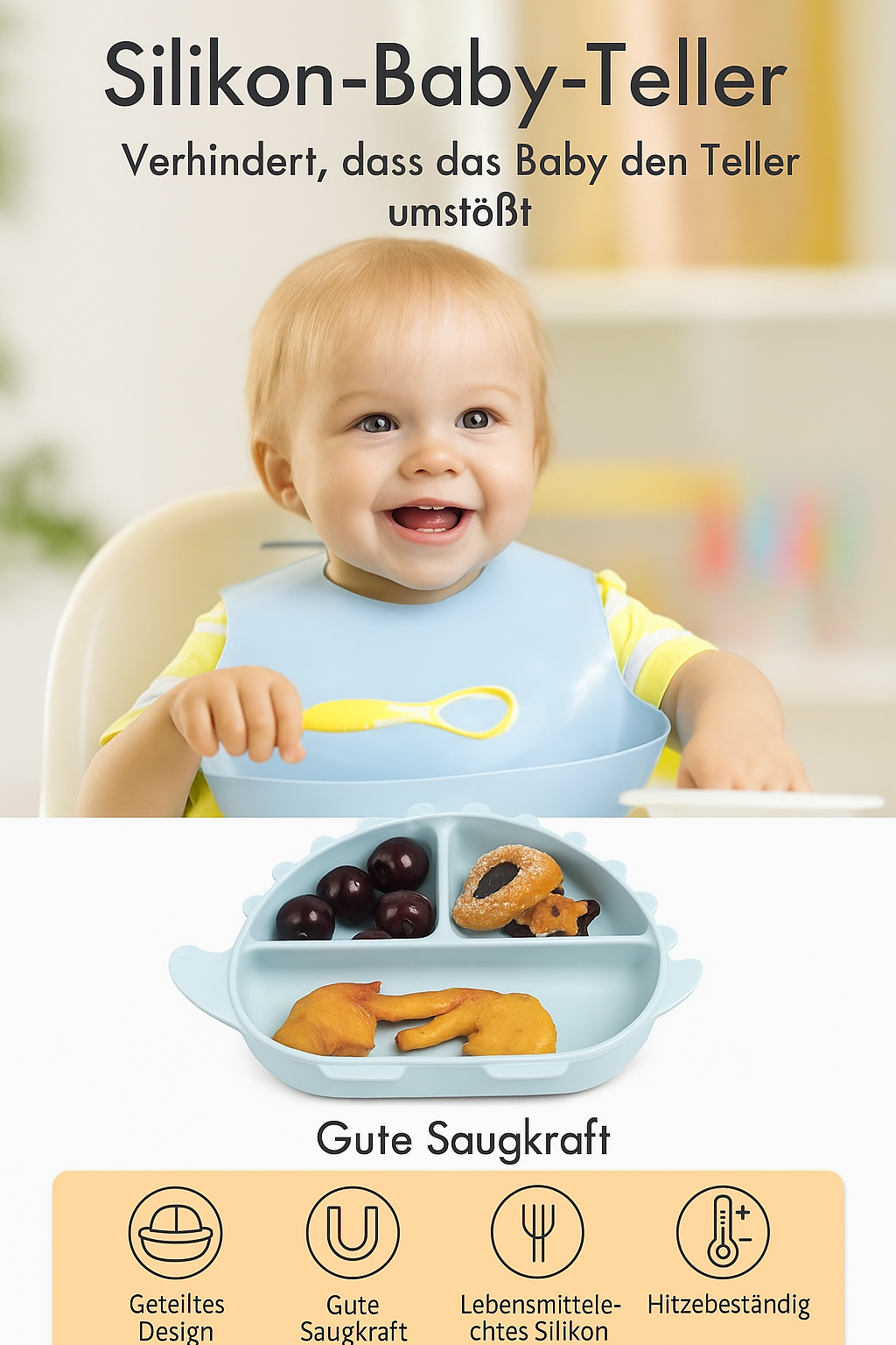 DINO Silikon-Babygeschirr-Set mit Saugnapf