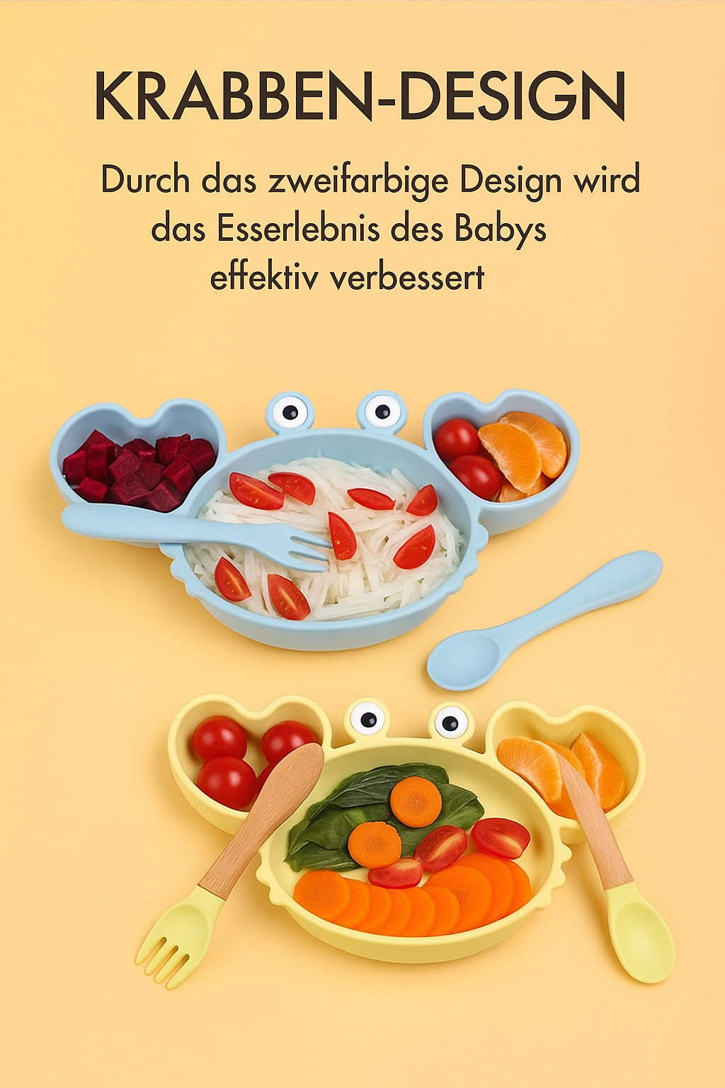 KRABBE Silikon-Babygeschirr-Set mit Saugnapf